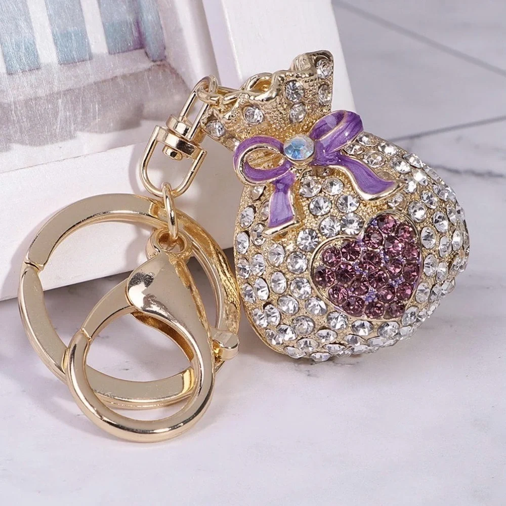 Rhinestone Money Bag Keychain Purse Charm Purple Heart Gold Tone